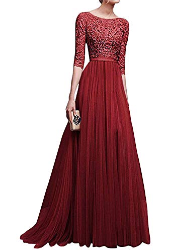 Minetom Damen Elegant 3/4 Ärmel Kurzarm Brautjungfern Kleid Floral Spitzen Abendkleid Dress Maxikleid Lang Tüllkleid Ballkleid Cocktail Hochzeit Weinrot DE 40 von Minetom