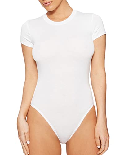 Minetom Damen Elegant Body mit Spitzen Bodysuit Club Party Oberteil Bodys Kurzarm Spitzentop Shirt Bluse Overall A Weiß XL von Minetom