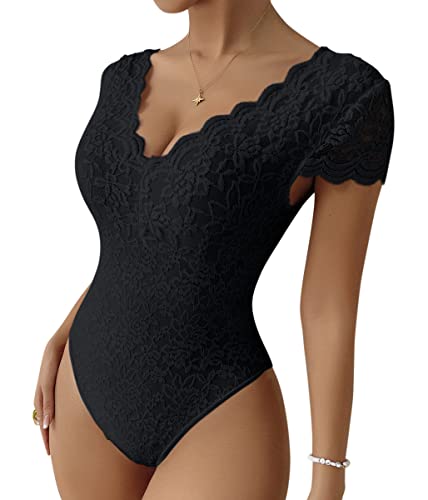 Minetom Damen Elegant Body mit Spitzen Bodysuit Club Party Oberteil Bodys Kurzarm Spitzentop Shirt Bluse Overall B Schwarz L Minetom Damen Elegant Body mit Spitzen Bodysuit Club Party Oberteil Bodys Kurzarm Spitzentop Shirt Bluse Overall B Schwarz L von Minetom