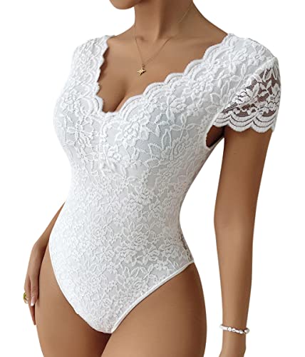 Minetom Damen Elegant Body mit Spitzen Bodysuit Club Party Oberteil Bodys Kurzarm Spitzentop Shirt Bluse Overall B Weiß S Minetom Damen Elegant Body mit Spitzen Bodysuit Club Party Oberteil Bodys Kurzarm Spitzentop Shirt Bluse Overall B Weiß S von Minetom