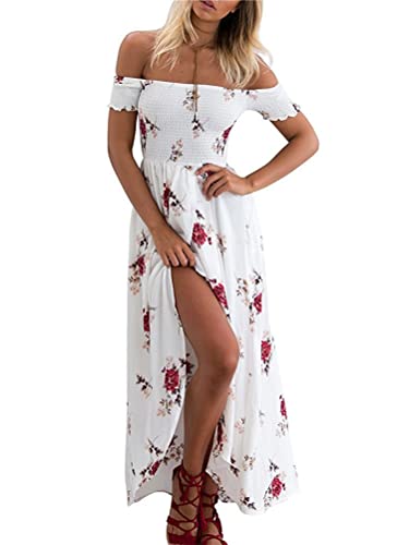 Minetom Damen Elegant Boho Chiffon Schulterfrei Asymmetrisches Floral Abendkleid Strandkleid Maxikleid Langen Kleid Weiß DE 38 von Minetom