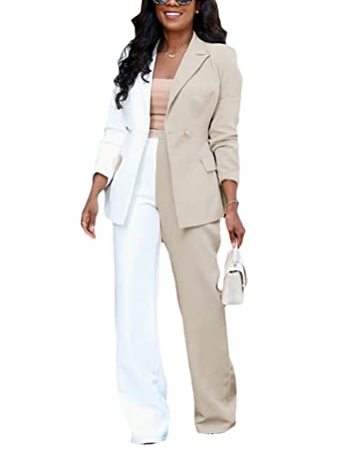 Minetom Damen Elegant Business Anzug Set Hosenanzug Farbblock Büro Blazer Jacke Hose 2-teilig Anzug Zweiteiler A Beige XL von Minetom