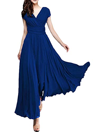 Minetom Damen Elegant Chiffon Maxi Kleid Hohe Taille Langes Abendkleid Partykleid Hochzeit Brautjungfer Brautkleid Cocktail Festliches Kleid Boho V-Ausschnitt Kurzarm Sommerkleid Blau 40 von Minetom