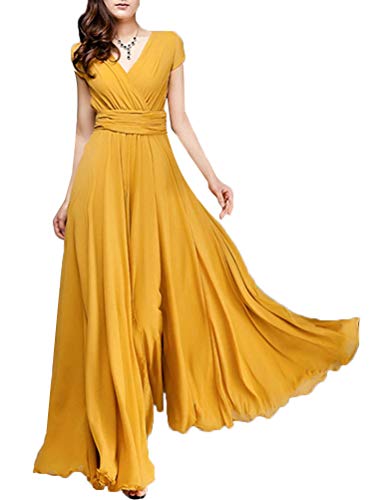 Minetom Damen Elegant Chiffon Maxi Kleid Hohe Taille Langes Abendkleid Partykleid Hochzeit Brautjungfer Brautkleid Cocktail Festliches Kleid Boho V-Ausschnitt Kurzarm Sommerkleid Gelb 36 von Minetom