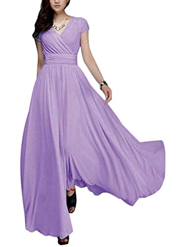 Minetom Damen Elegant Chiffon Maxi Kleid Hohe Taille Langes Abendkleid Partykleid Hochzeit Brautjungfer Brautkleid Cocktail Festliches Kleid Boho V-Ausschnitt Kurzarm Sommerkleid Hellviolett 48 von Minetom