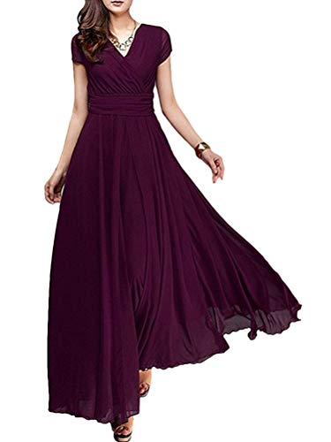 Minetom Damen Elegant Chiffon Maxi Kleid Hohe Taille Langes Abendkleid Partykleid Hochzeit Brautjungfer Brautkleid Cocktail Festliches Kleid Boho V-Ausschnitt Kurzarm Sommerkleid Weinrot 36 von Minetom