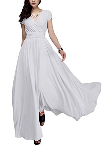 Minetom Damen Elegant Chiffon Maxi Kleid Hohe Taille Langes Abendkleid Partykleid Hochzeit Brautjungfer Brautkleid Cocktail Festliches Kleid Boho V-Ausschnitt Kurzarm Sommerkleid Weiß 46 von Minetom