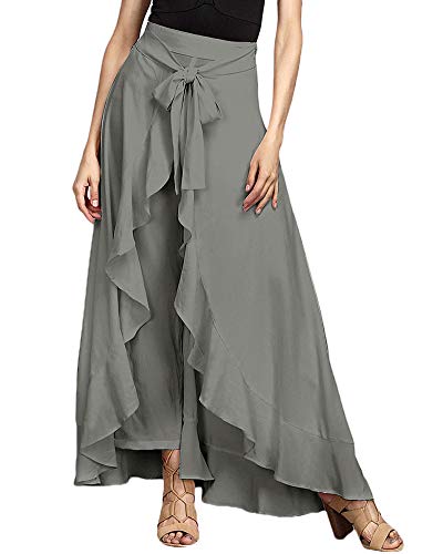 Minetom Damen Elegant Hosenrock Elegant Hohe Taille Einfarbig Irregular Rüschen Freizeithose Yogahose Partykleid Lang Röcke Hosen Mit Gürtel Grau M von Minetom