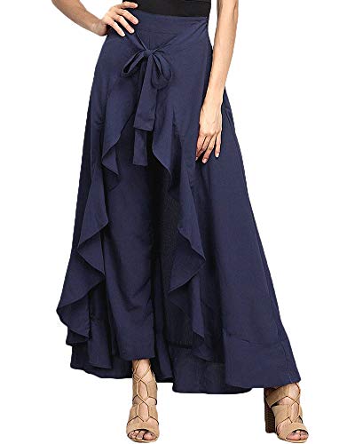 Minetom Damen Elegant Hosenrock Elegant Hohe Taille Einfarbig Irregular Rüschen Freizeithose Yogahose Partykleid Lang Röcke Hosen Mit Gürtel Marine L von Minetom