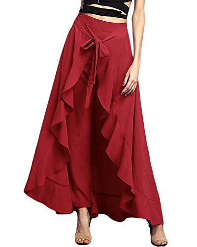 Minetom Damen Elegant Hosenrock Elegant Hohe Taille Einfarbig Irregular Rüschen Freizeithose Yogahose Partykleid Lang Röcke Hosen Mit Gürtel Rot L von Minetom