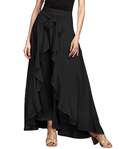 Minetom Damen Elegant Hosenrock Elegant Hohe Taille Einfarbig Irregular Rüschen Freizeithose Yogahose Partykleid Lang Röcke Hosen Mit Gürtel Schwarz L von Minetom