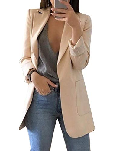 Minetom Damen Elegant Langarm Blazer Sakko Einfarbig Slim Fit Revers Geschäft Büro Jacke Kurz Mantel Anzüge Bolero mit Tasche A Aprikose DE 38 von Minetom