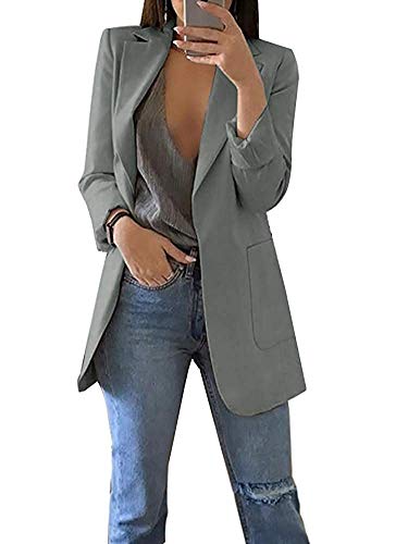 Minetom Damen Elegant Langarm Blazer Sakko Einfarbig Slim Fit Revers Geschäft Büro Jacke Kurz Mantel Anzüge Bolero mit Tasche A Grau DE 38 von Minetom