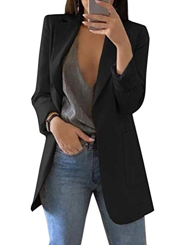 Minetom Damen Elegant Langarm Blazer Sakko Einfarbig Slim Fit Revers Geschäft Büro Jacke Kurz Mantel Anzüge Bolero mit Tasche A Schwarz DE 44 von Minetom