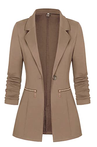 Minetom Damen Elegant Langarm Blazer Sakko Knopf Slim Fit Revers Geschäft Büro Jacke Reißverschluss Mantel Anzüge Bolero Braun XL von Minetom