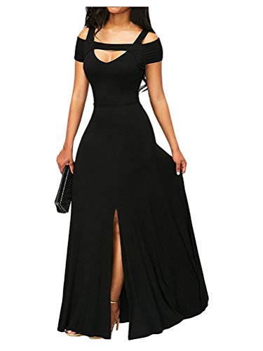 Minetom Damen Elegant Langes Abendkleid V-Ausschnitt Ballkleider Cocktailkleider Spitzen Kleid Brautjungfer Cocktail Schulterfrei Party B Schwarz 44 von Minetom