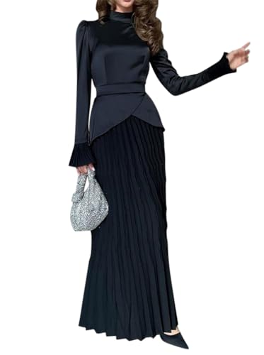 Minetom Damen Elegant Maxi Lang Abendkleid Partykleid Ballkleid Langarm A-Linie Hochzeit Cocktailkleid Festliche Kleid A Schwarz L von Minetom