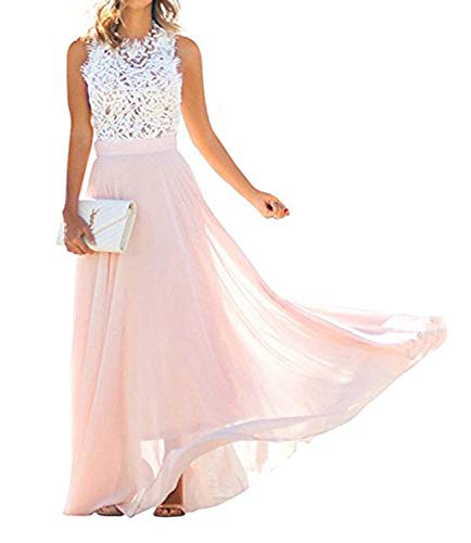 Minetom Damen Elegant Maxikleider Ärmellos Ballkleid Cocktailkleid Partykleid A-Linie Hochzeit Brautjungfernkleid Dünn Spitze Stitching Dress Pink DE 34 von Minetom