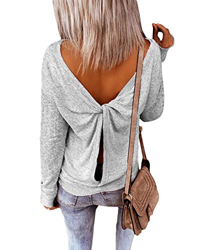 Minetom Damen Elegant Rückenfrei Langarmshirt Pullover Slim Fit Hemd Shirt Einfarbig Stricken T-Shirt Sweatshirt Oberteil Bluse Tops Z2 Grau 40 von Minetom