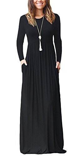 Minetom Damen Elegant Rundhals Lange T-Shirt Maxi Kleid Mit Taschen Herbst Winter Lässig A-Linie Abendkleider Cocktailkleid Ballkleid Schwarz DE 48 von Minetom