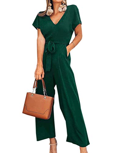 Minetom Damen Elegant Sommer Lang Jumpsuit V-Ausschnitt Kurzarm Overall Einfarbig Casual Hosenanzug Mit Taschen Und Gürtel B Grün DE 40 von Minetom