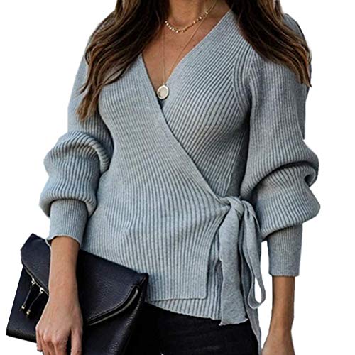 Minetom Damen Elegant Strickpullover Wickelpullover V-Ausschnitt Prinzessin Ärmel Strickjacke Mit Leine Gürtel Schleife B Grau L von Minetom