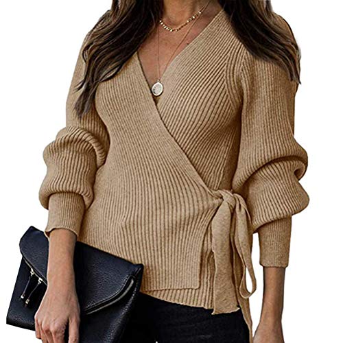 Minetom Damen Elegant Strickpullover Wickelpullover V-Ausschnitt Prinzessin Ärmel Strickjacke Mit Leine Gürtel Schleife B Khaki L von Minetom