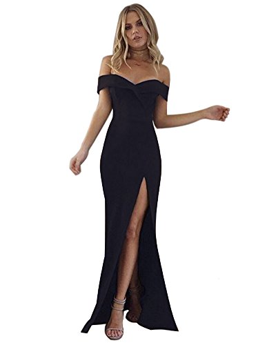 Minetom Damen Elegante V Ausschnitt Schulterfrei Lang Maxi Kleid Einfarbig Split Festlich Hochzeit Abendkleid Cocktailkleid Partykleid Schwarz DE 36 von Minetom