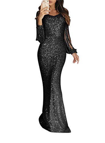 Minetom Damen Festlich Hochzeit Kleider Glänzend Pailletten Elegant Lang Abendkleid Langarm Quaste Cocktailkleid Maxikleid Partykleid (40, A Schwarz) von Minetom