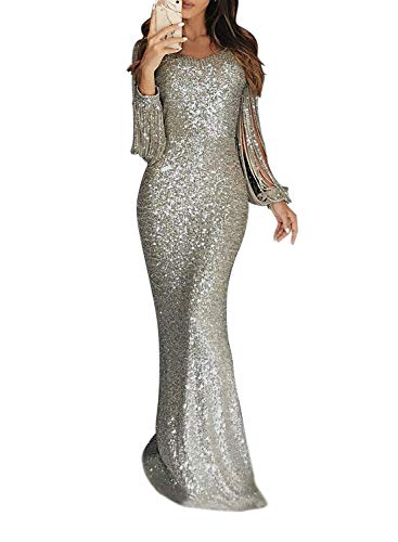 Minetom Damen Festlich Hochzeit Kleider Glänzend Pailletten Elegant Lang Abendkleid Langarm Quaste Cocktailkleid Maxikleid Partykleid (DE 38, A Silber) von Minetom