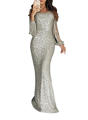 Minetom Damen Festlich Hochzeit Kleider Glänzend Pailletten Elegant Lang Abendkleid Langarm Quaste Cocktailkleid Maxikleid Partykleid A Silber DE 44 von Minetom