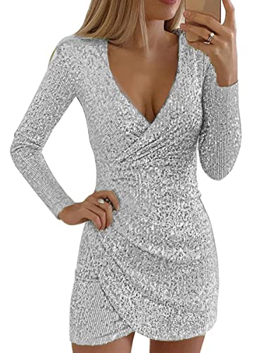 Minetom Damen Festlich Hochzeit Kleider Glänzend Pailletten Sexy Mini Abendkleid V Ausschnitt Langarm Cocktailkleid Minikleid Partykleid (A Silber, 38) von Minetom