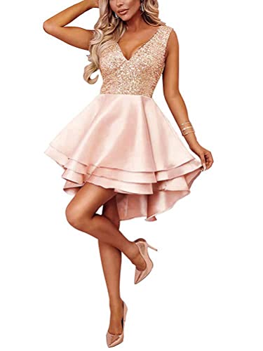 Minetom Damen Festlich Hochzeit Kleider Glänzend Pailletten V-Ausschnitt Ärmellos Prinzessin Tutu Cocktailkleid Partykleid Abendkleid Rosa DE 38 von Minetom