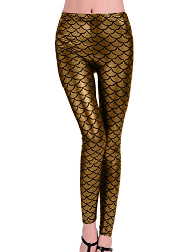 Minetom Damen Fischschuppe Glanz Leggings Fisch Schuppen Scale Glänzend Strumpfhose Hüfthose Hose Karneval Kostüm Mädchen Elastisch Skinny Pants Gold M von Minetom