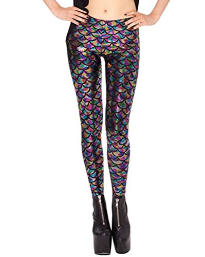 Minetom Damen Fischschuppe Glanz Leggings Fisch Schuppen Scale Glänzend Strumpfhose Hüfthose Hose Karneval Kostüm Mädchen Elastisch Skinny Pants Mehrfarbig L von Minetom