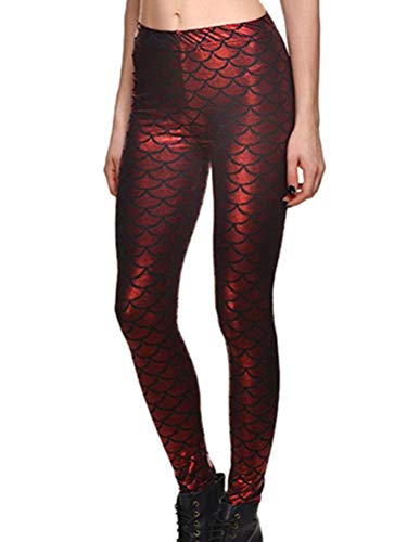 Minetom Damen Fischschuppe Glanz Leggings Fisch Schuppen Scale Glänzend Strumpfhose Hüfthose Hose Karneval Kostüm Mädchen Elastisch Skinny Pants Rot M von Minetom