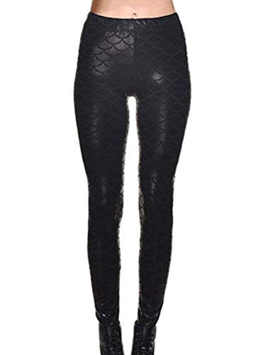 Minetom Damen Fischschuppe Glanz Leggings Fisch Schuppen Scale Glänzend Strumpfhose Hüfthose Hose Karneval Kostüm Mädchen Elastisch Skinny Pants Schwarz M von Minetom