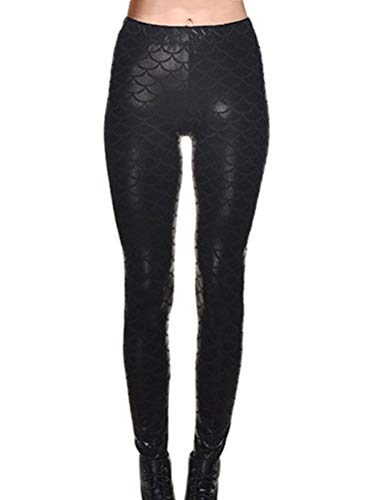 Minetom Damen Fischschuppe Leggings Fisch Schuppen Scale Strumpfhose Hüfthose Hose Karneval Kostüm Mädchen Elastisch Skinny Pants Schwarz M von Minetom