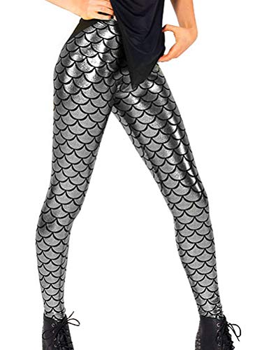 Minetom Damen Fischschuppe Leggings Fisch Schuppen Scale Strumpfhose Hüfthose Hose Karneval Kostüm Mädchen Elastisch Skinny Pants Silber S von Minetom