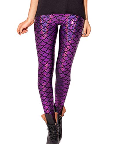 Minetom Damen Fischschuppe Glanz Leggings Fisch Schuppen Scale Glänzend Strumpfhose Hüfthose Hose Karneval Kostüm Mädchen Elastisch Skinny Pants Violett L von Minetom