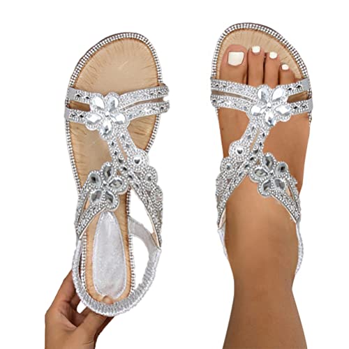 Minetom Damen Flache Sandalen Strass T-Riemen Frauen Sandalen Weichen Sohlen Sommerschuhe Gummiband Slingback Zehentrenner Sandalen Mädchen Strandschuhe D Silber 41 EU von Minetom