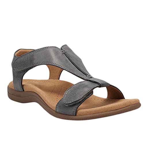 Minetom Damen Flache Strandsandalen Sommer Mit Weiche Fußbett Klettverschluss Sandalen Vintage Leicht Freizeit Schuhe A Grau 38 EU von Minetom