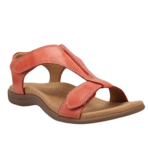 Minetom Damen Flache Strandsandalen Sommer Mit Weiche Fußbett Klettverschluss Sandalen Vintage Leicht Freizeit Schuhe A Orange 40 EU von Minetom