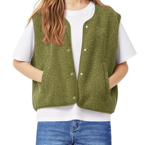 Minetom Damen Flauschige Fleeceweste Kurz Lässig Knopfleiste Ärmellos Teddy-Weste Oberbekleidung Weste A Grün M von Minetom