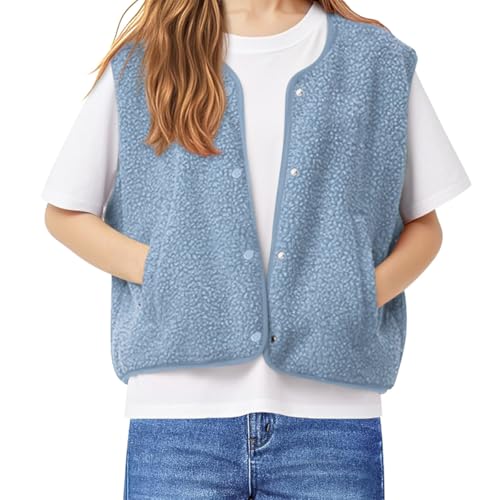 Minetom Damen Flauschige Fleeceweste Kurz Lässig Knopfleiste Ärmellos Teddy-Weste Oberbekleidung Weste A Hellblau M von Minetom