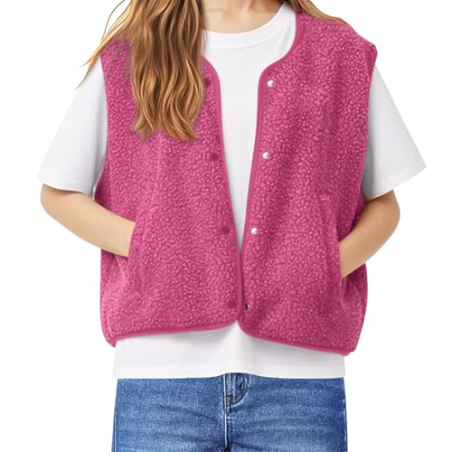 Minetom Damen Flauschige Fleeceweste Kurz Lässig Knopfleiste Ärmellos Teddy-Weste Oberbekleidung Weste A Rosa L von Minetom