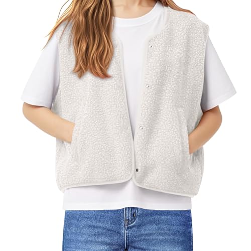 Minetom Damen Flauschige Fleeceweste Kurz Lässig Knopfleiste Ärmellos Teddy-Weste Oberbekleidung Weste A Weiß M von Minetom