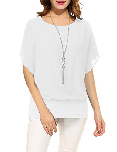 Minetom Damen Fledermaus Batwing Chiffonbluse Tunika T-Shirt Top Bluse Falten Kurzarm Rundkragen Sommer Casual Loose Fit Bluse Weiß S von Minetom