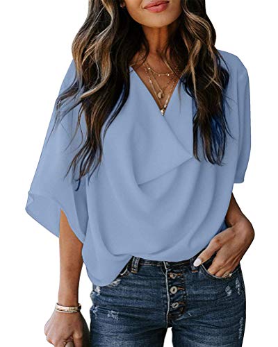 Minetom Damen Fledermaus Batwing Chiffonbluse Tunika T-Shirt Top Bluse Kurzarm Drapieren V Ausschnitt Sommer Casual Loose Fit Elegant Hemd Hellblau 40 von Minetom
