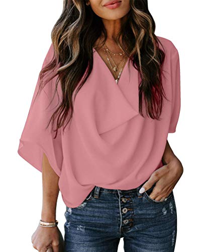 Minetom Damen Fledermaus Batwing Chiffonbluse Tunika T-Shirt Top Bluse Kurzarm Drapieren V Ausschnitt Sommer Casual Loose Fit Elegant Hemd Rosa 40 von Minetom